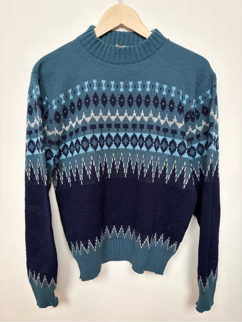 Vintage Orlon Fair Isle Sweater Teal Navy Nordic Mock Neck Pullover Retro Ski 70